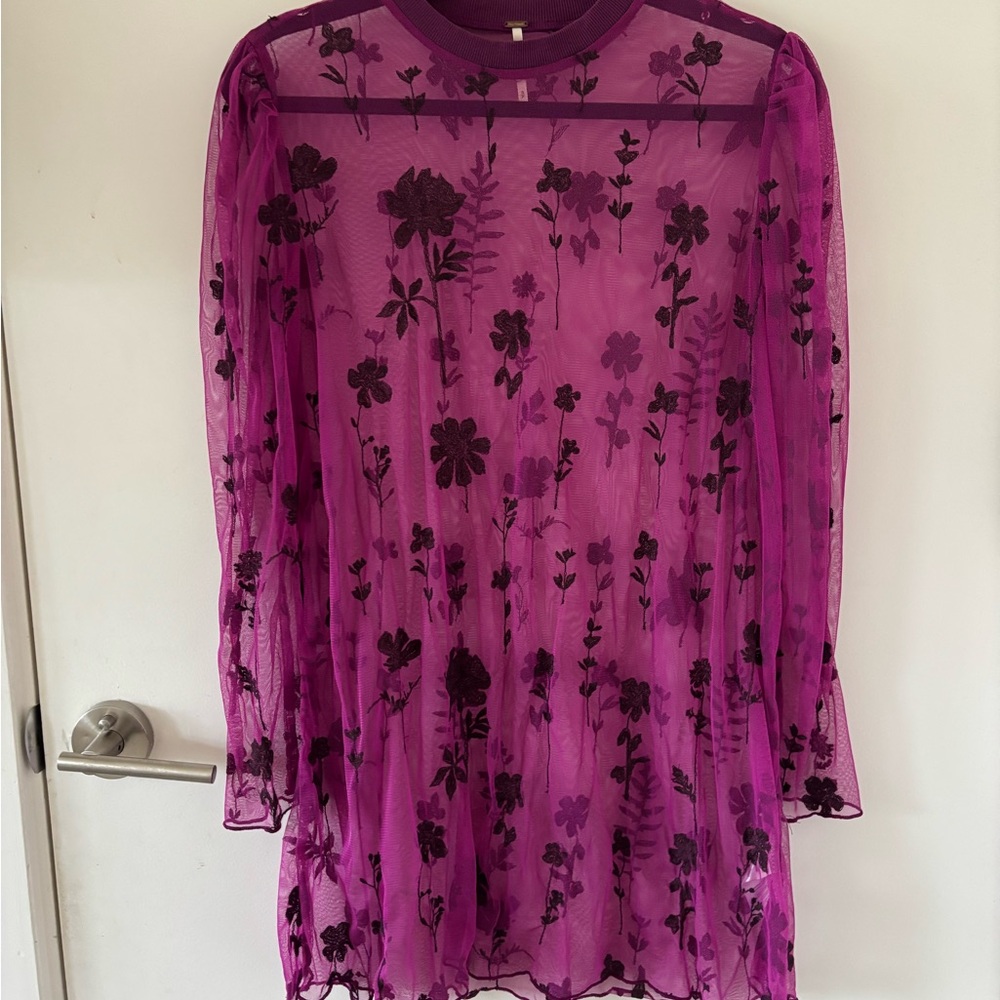 Free People Magenta Mesh Tunic with Black Floral Embroidery